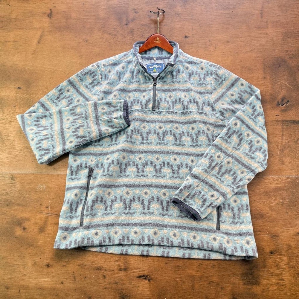 Chubbies Mens L Quarter Zip Fleece Pullover Light Blue Geometric Aztec Print